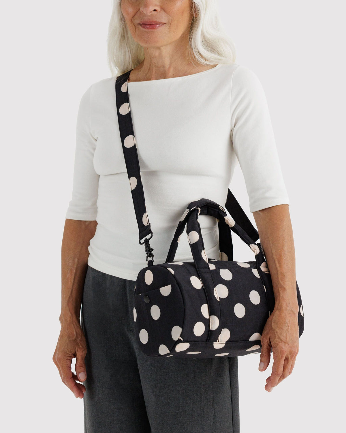 Nylon Duffle Bag - Black and Cream Polka Dot
