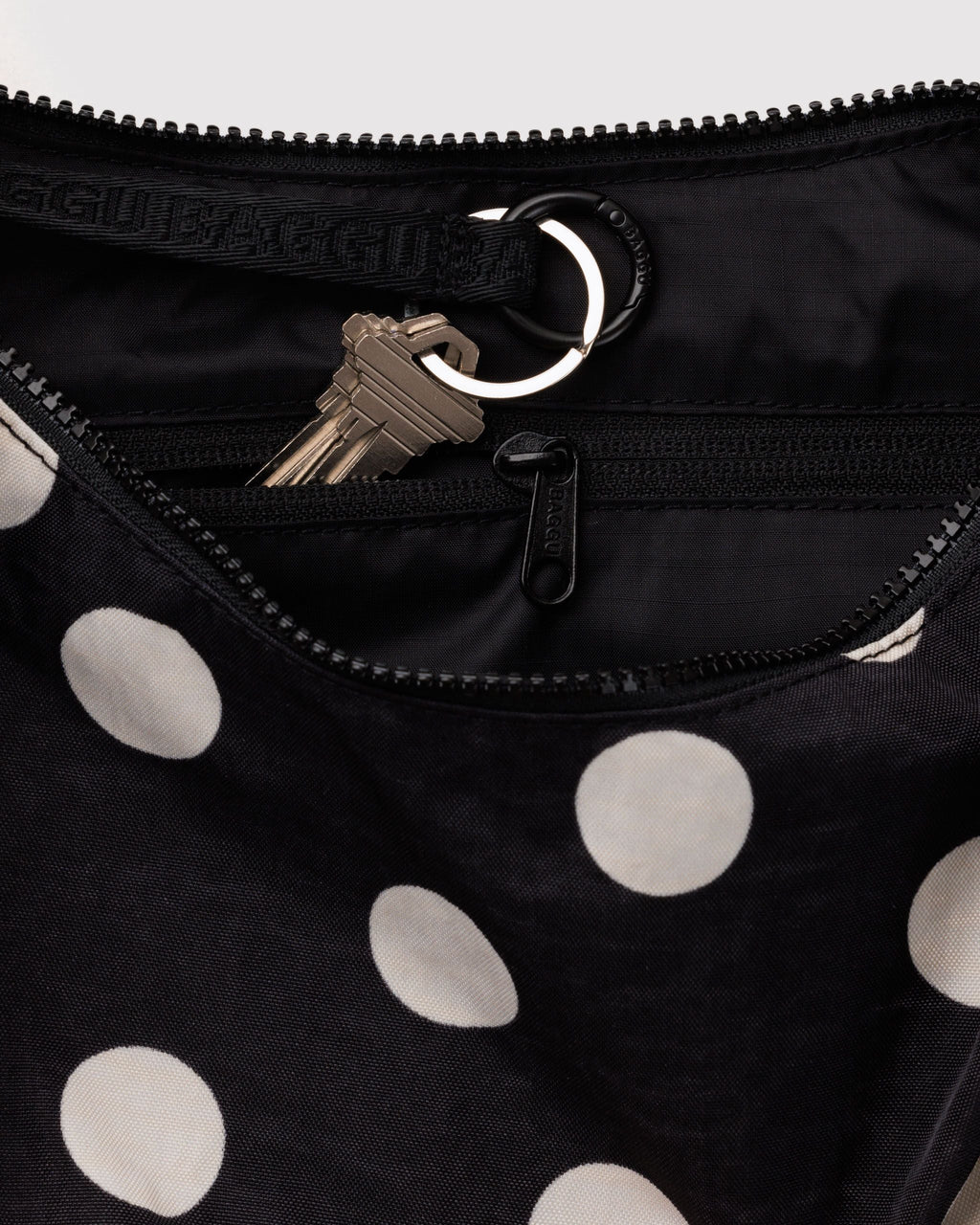 Medium Nylon Crescent Bag - Black and Cream Polka Dot