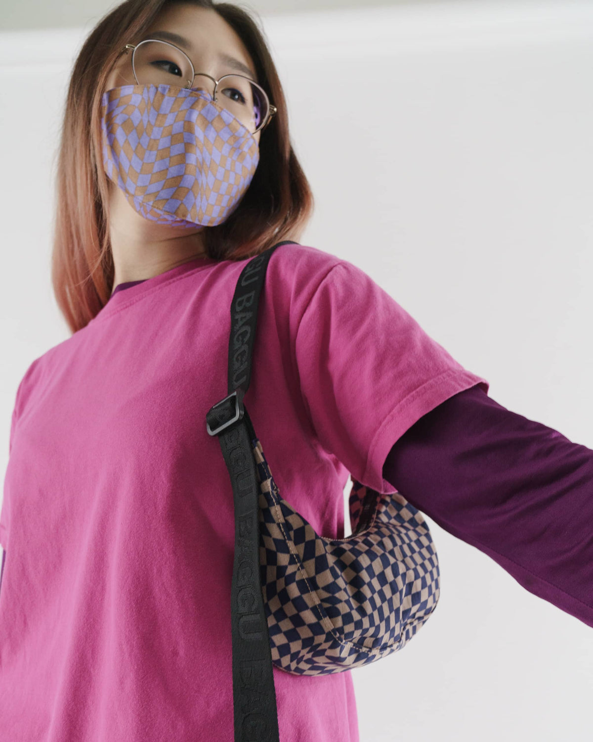 Mini Nylon Crescent Bag - Indigo Trippy Checker